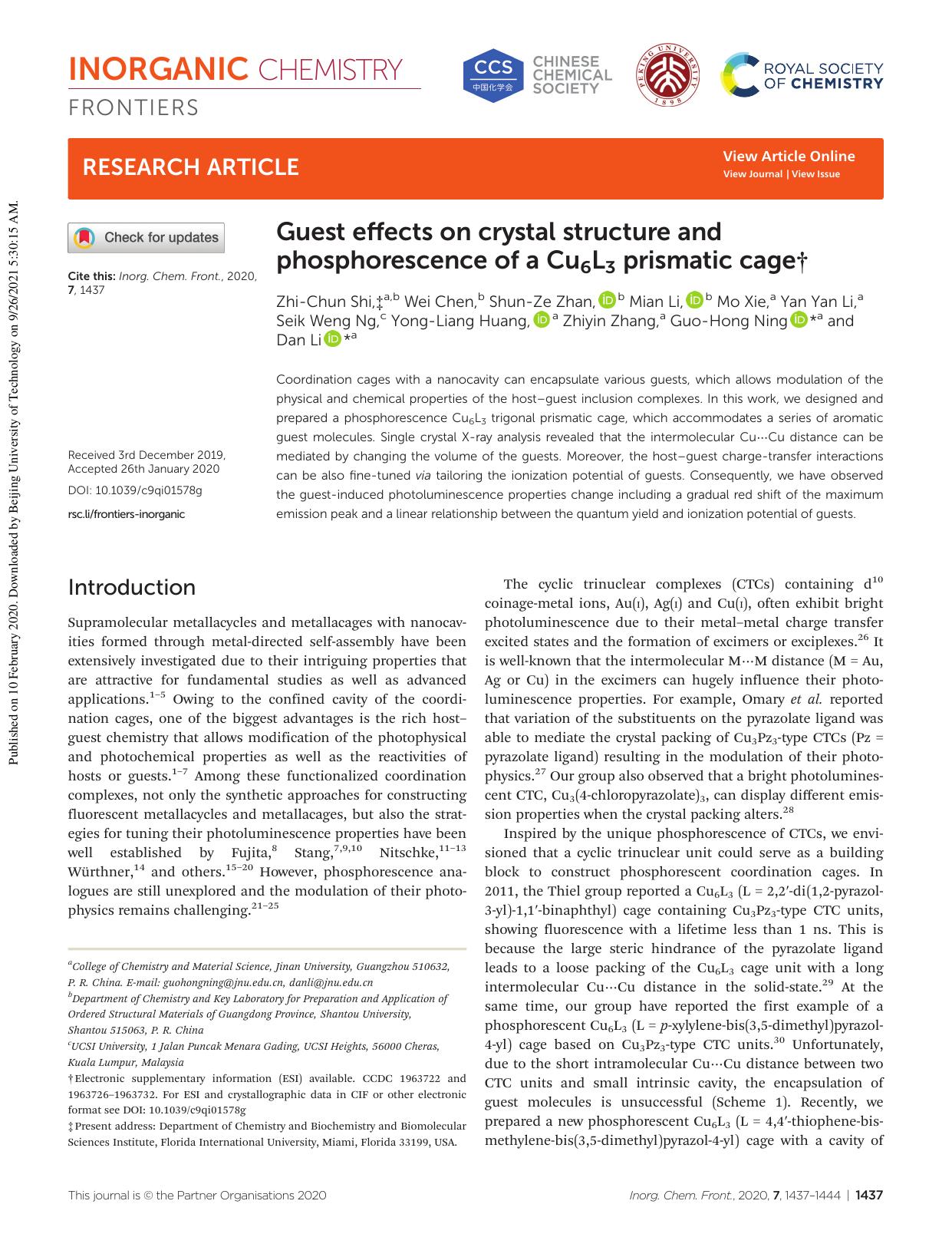 Guest effects on crystal structure and phosphorescence of a Cu6L3 prismatic cage by unknow