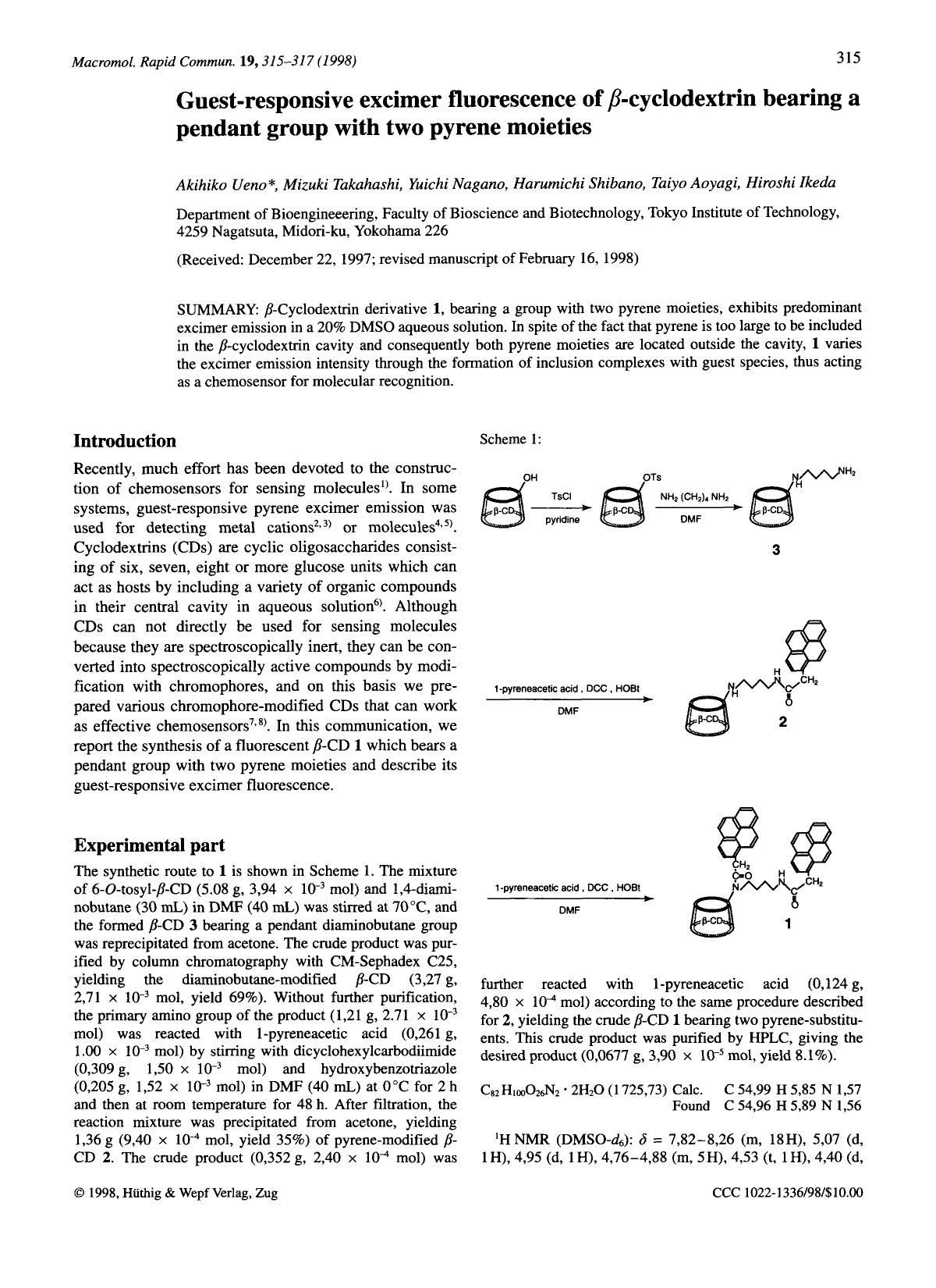 Guest-responsive excimer fluorescence of [beta]-cyclodextrin bearing a pendant group with two pyrene moieties by Unknown