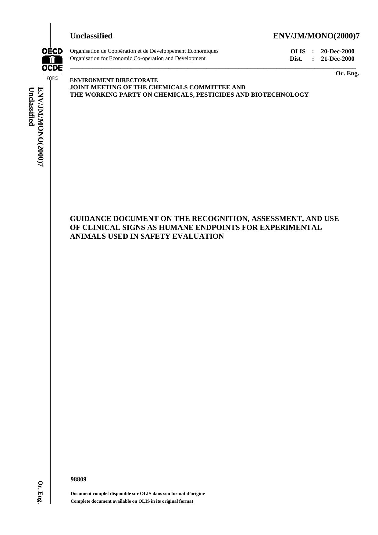 Guidance Document on the Recognition, Assessment and Use of Clinical Signs as Human Endpoints for Experimental Animals Used in Safety Evaluation by OECD