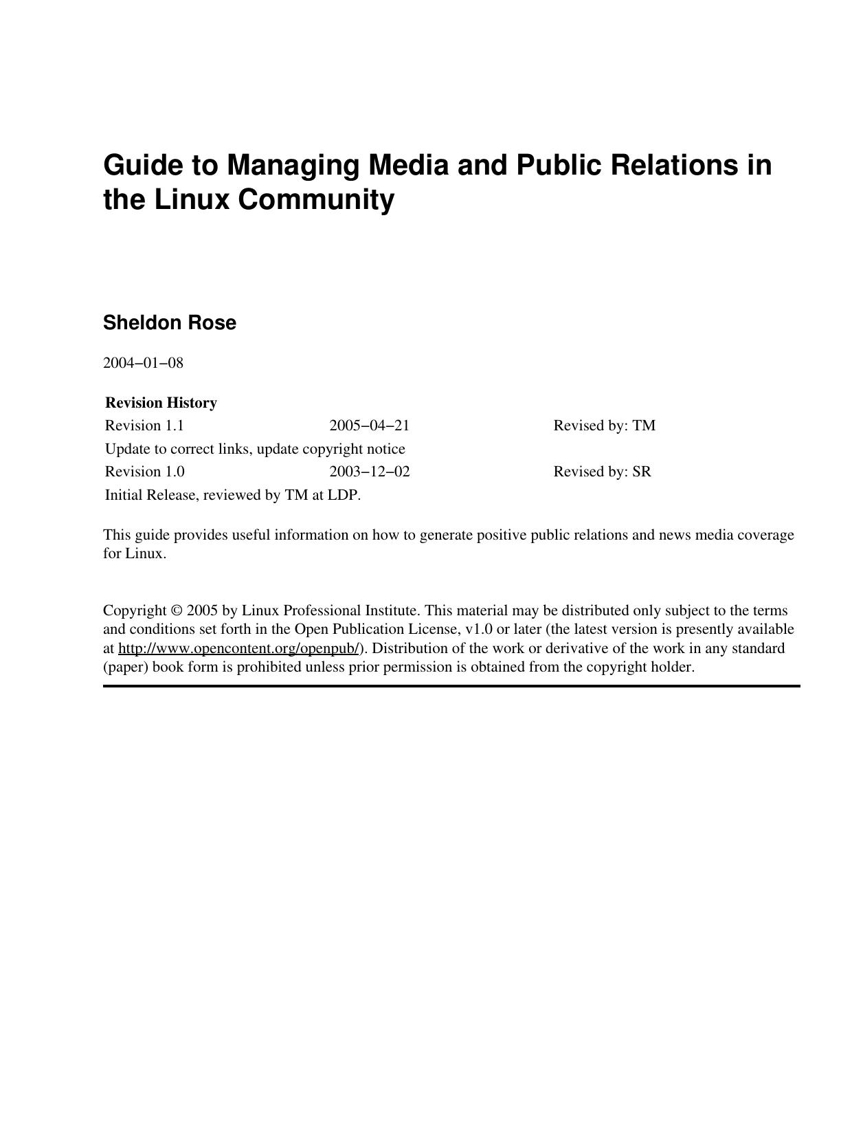 Guide to Managing Media and Public Relations in the Linux Community by Unknown