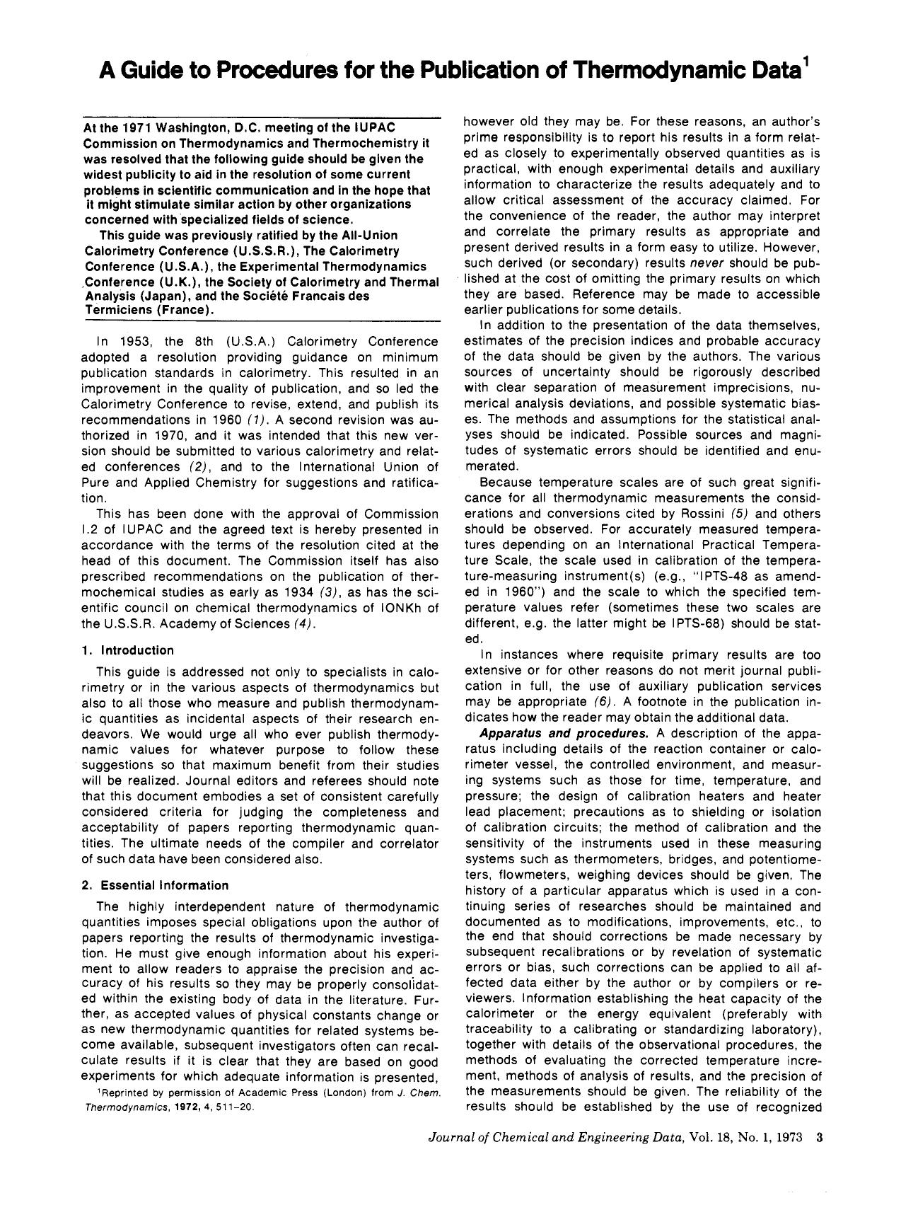 Guide to procedures for the publication of thermodynamic data by IUPAC Comm. on Thermodynamics and Thermochemistry