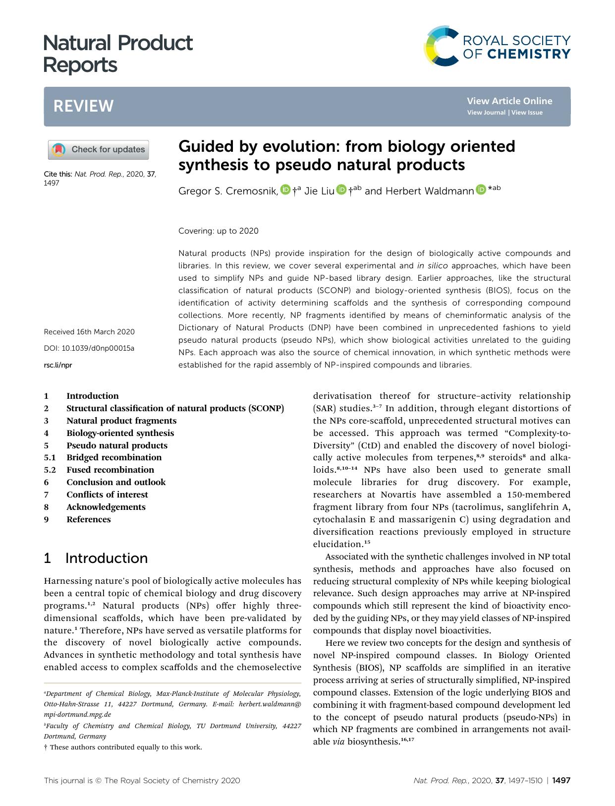 Guided by evolution: from biology oriented synthesis to pseudo natural products by Gregor S. Cremosnik & Jie Liu & Herbert Waldmann