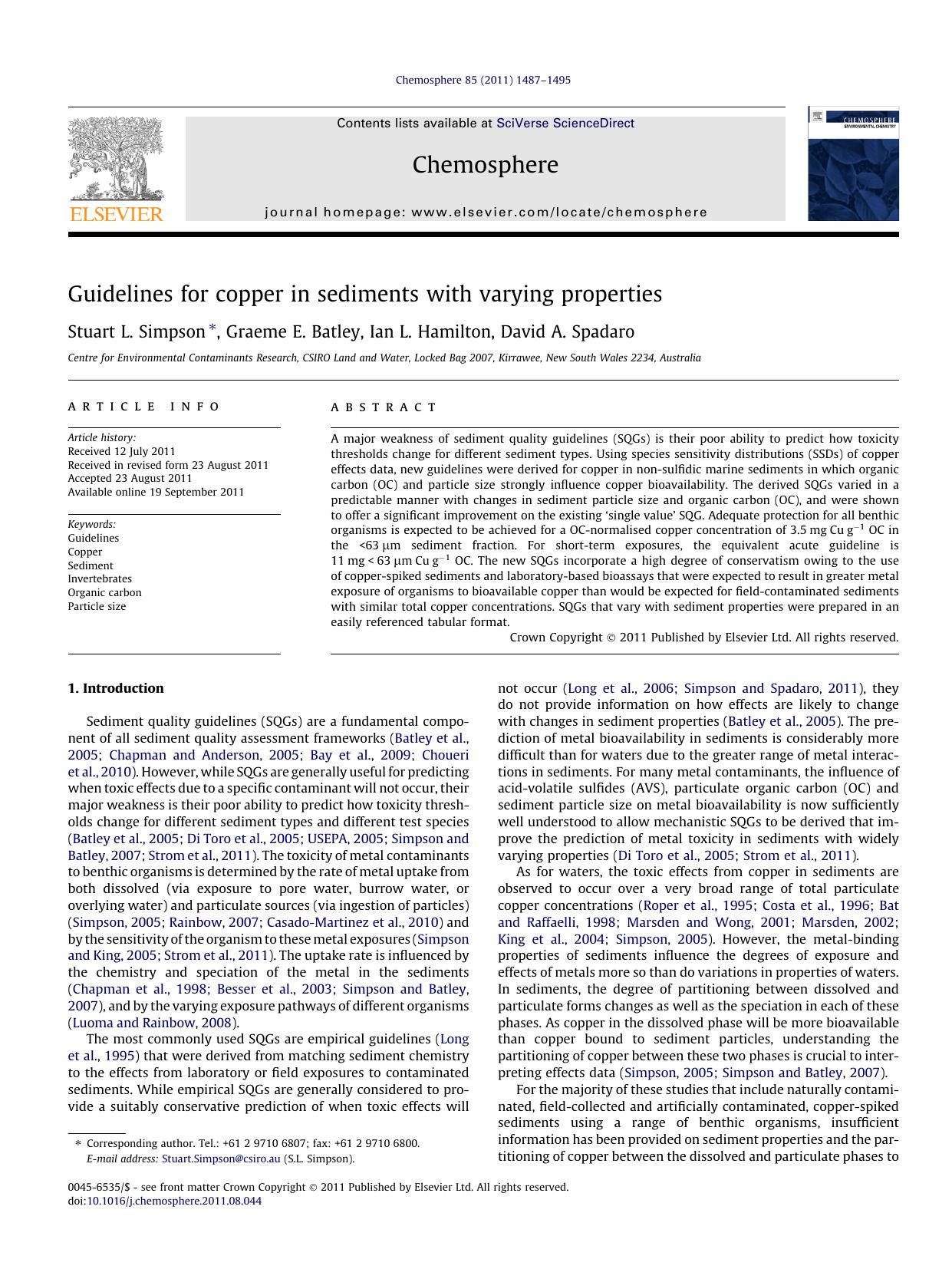 Guidelines for copper in sediments with varying properties by Stuart L. Simpson & Graeme E. Batley & Ian L. Hamilton & David A. Spadaro
