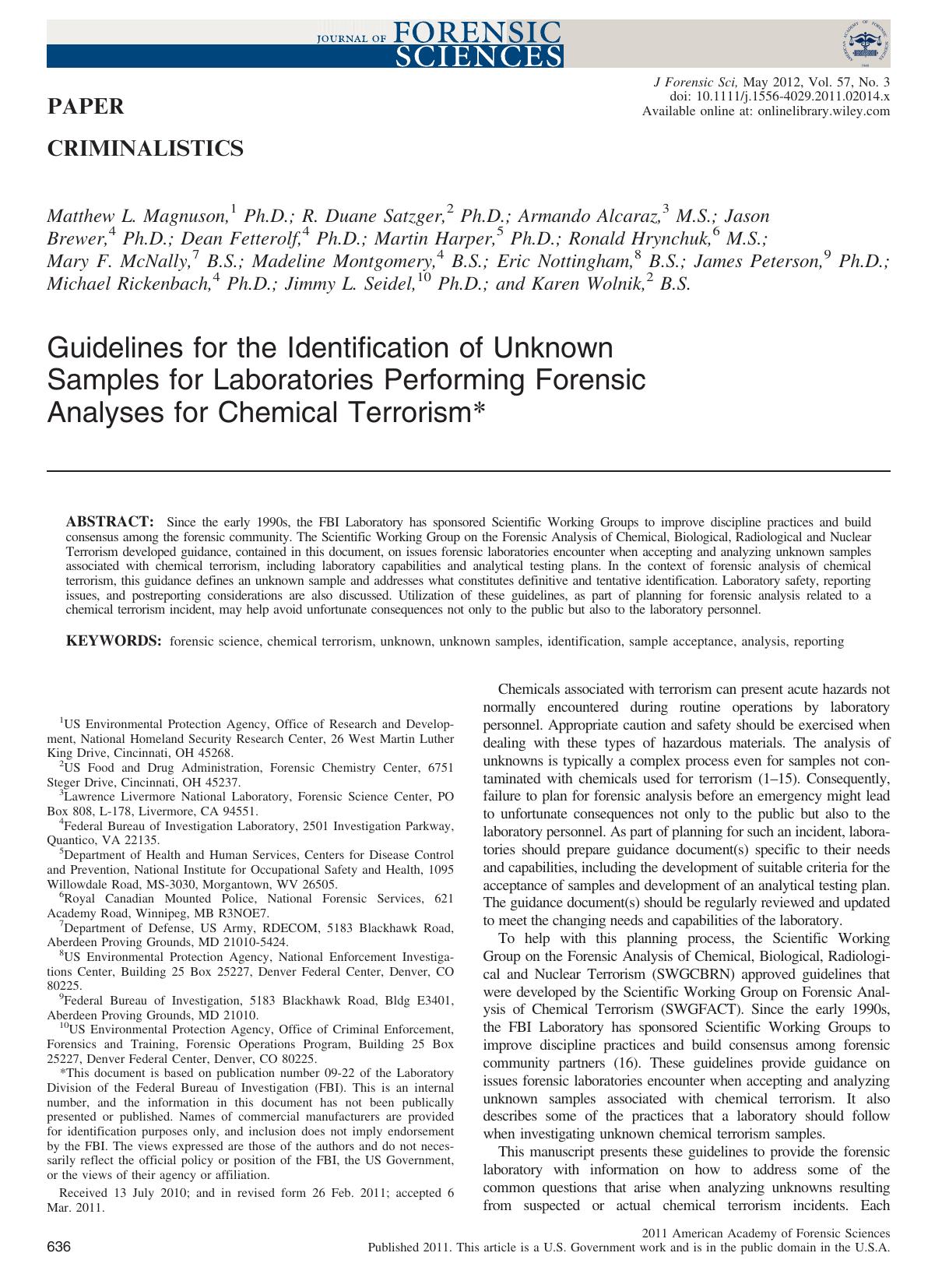 Guidelines for the Identification of Unknown Samples for Laboratories Performing Forensic Analyses for Chemical Terrorism by Unknown