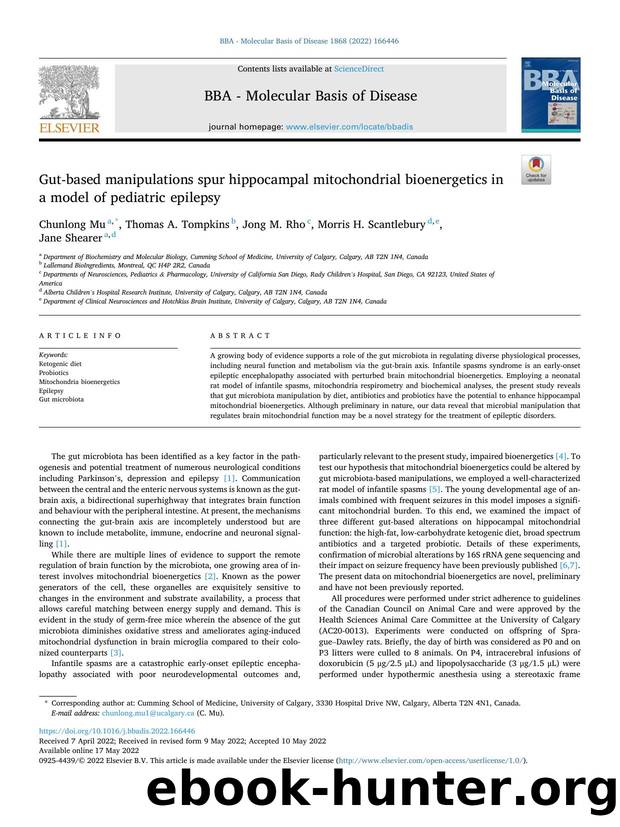 Gut-based manipulations spur hippocampal mitochondrial bioenergetics in a model of pediatric epilepsy by Chunlong Mu & Thomas A. Tompkins & Jong M. Rho & Morris H. Scantlebury & Jane Shearer