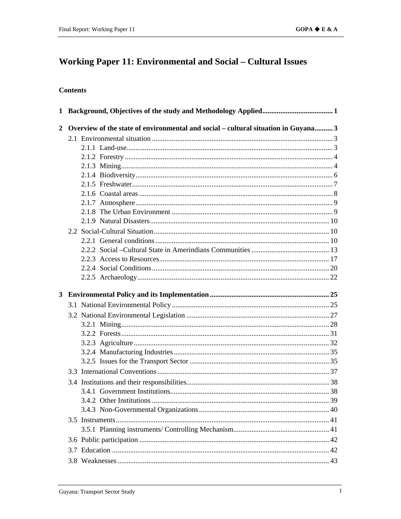 Guyana: Transport Sector Study Environmental and Social â Cultural Issues Working Paper 11 by University of Washington