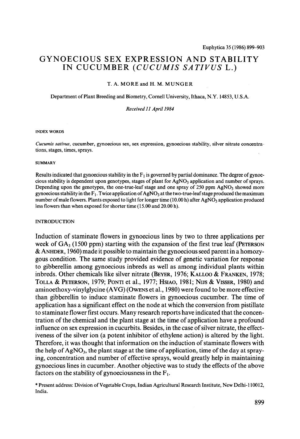Gynoecious sex expression and stability in cucumber ( <Emphasis Type="Italic">Cucumis sativus <Emphasis> L.) by Unknown