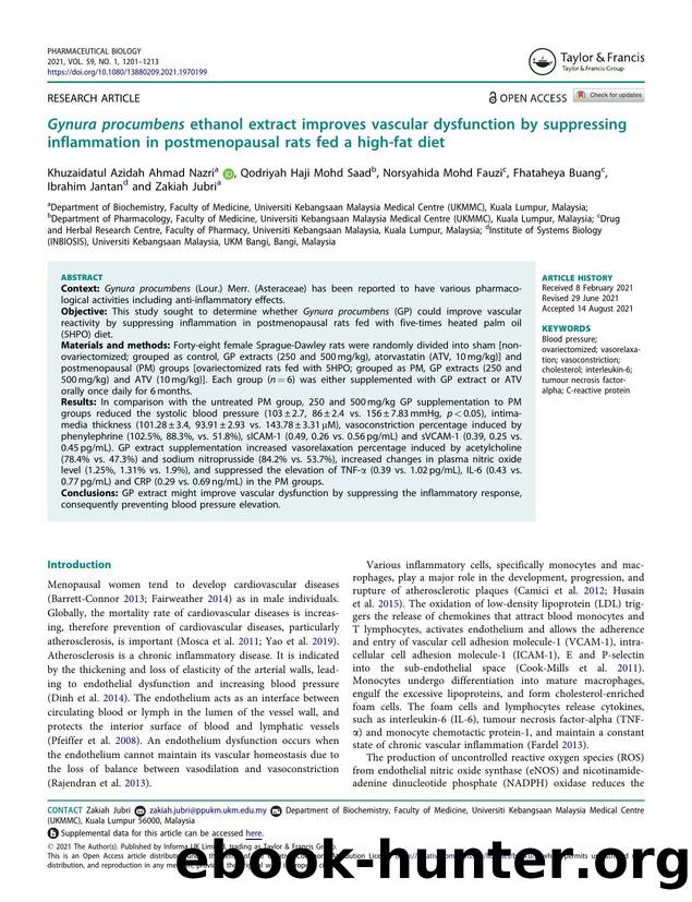 Gynura procumbens ethanol extract improves vascular dysfunction by suppressing inflammation in postmenopausal rats fed a high-fat diet by unknow