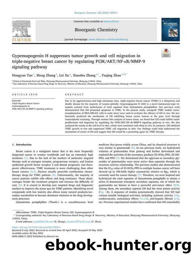 Gypensapogenin H suppresses tumor growth and cell migration in triple-negative breast cancer by regulating PI3KAKTNF- Îº BMMP-9 signaling pathway by Hongyan Tan & Meng Zhang & Lei Xu & Xiaoshu Zhang & Yuqing Zhao