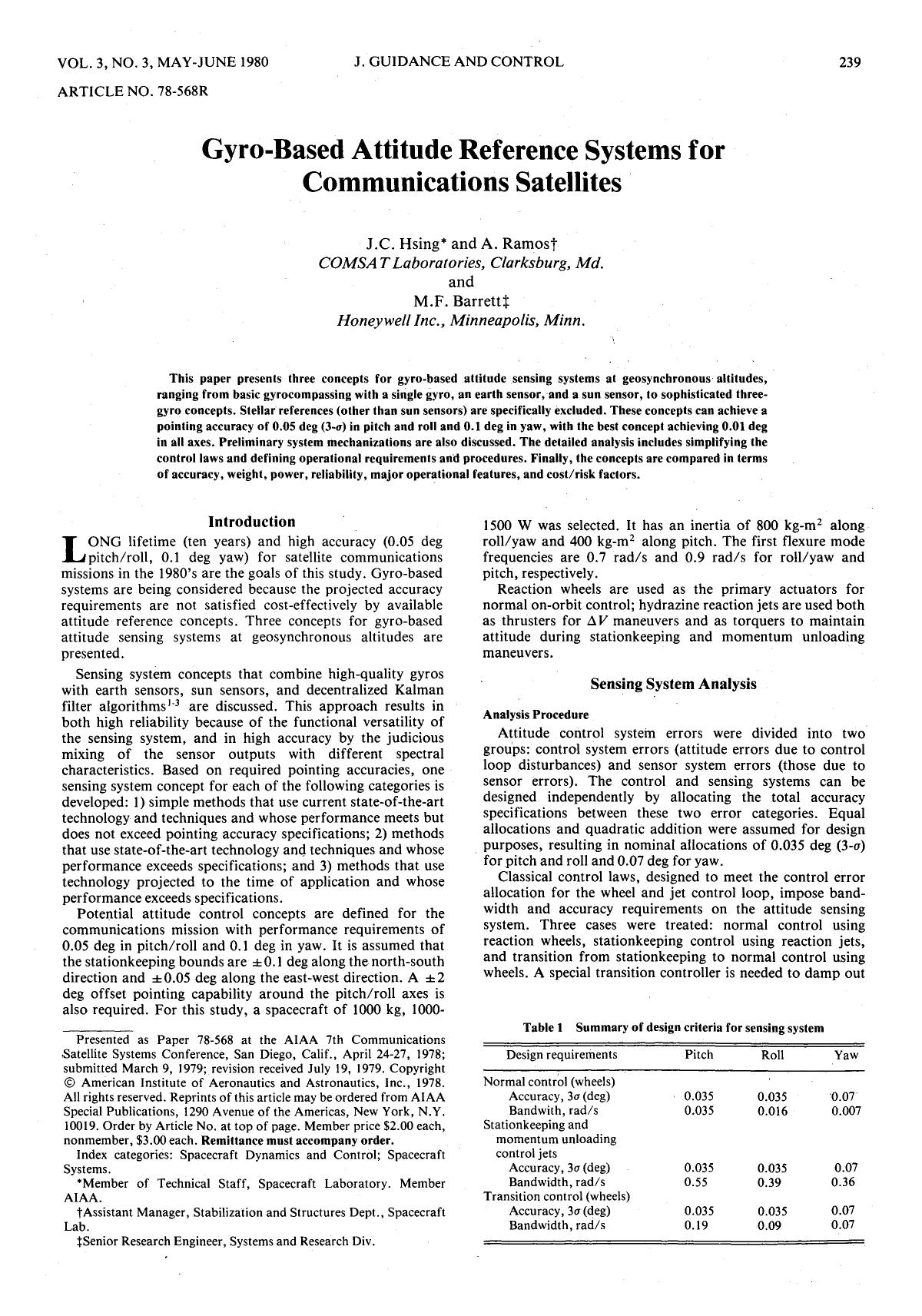 Gyro-Based Attitude Reference Systems for Communications Satellites by Unknown
