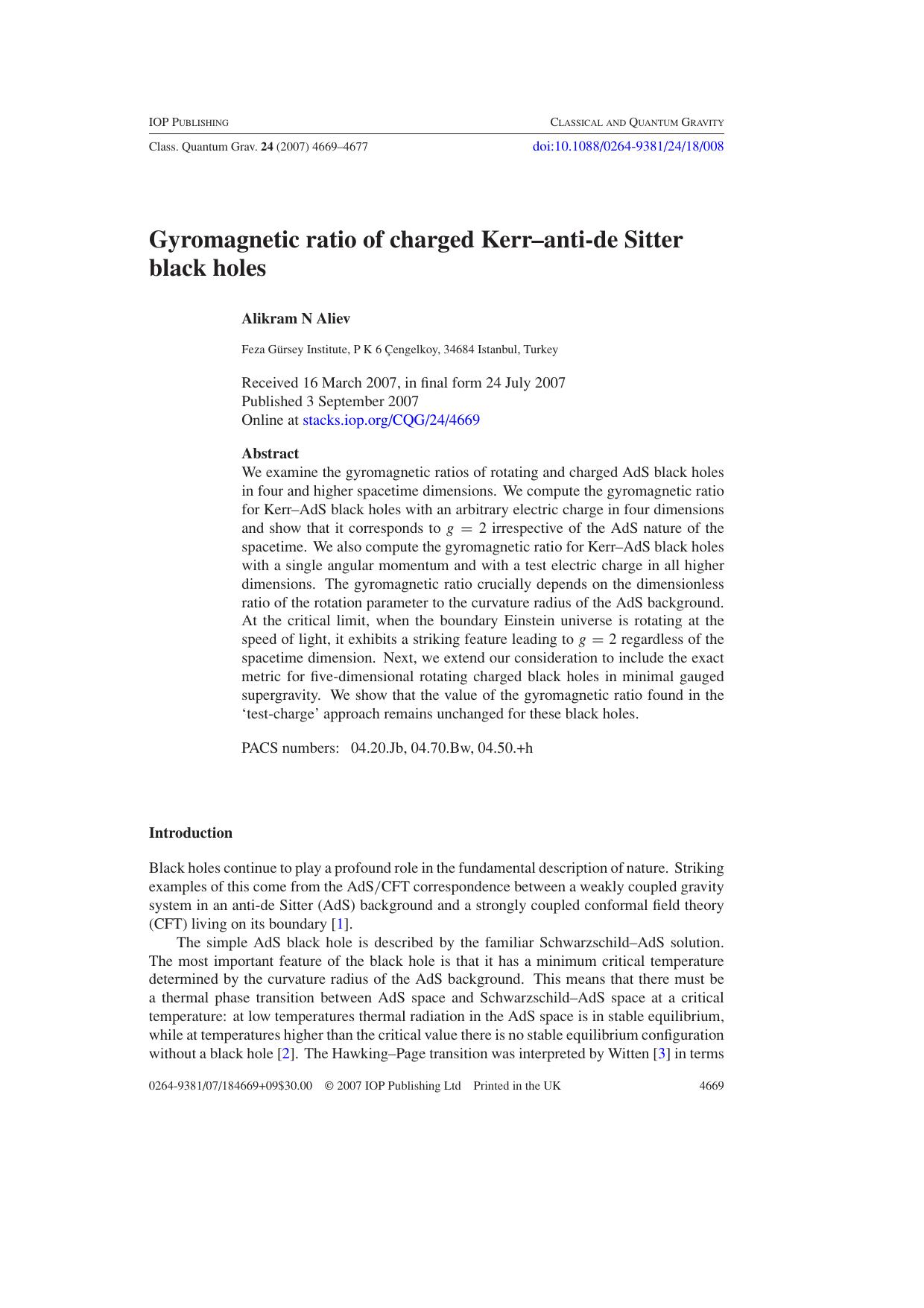 Gyromagnetic ratio of charged Kerr--anti-de Sitter black holes by A N Aliev