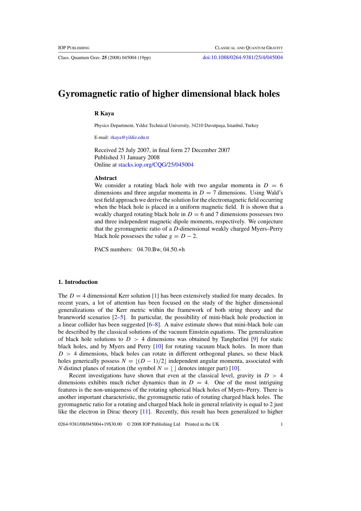 Gyromagnetic ratio of higher dimensional black holes by R Kaya