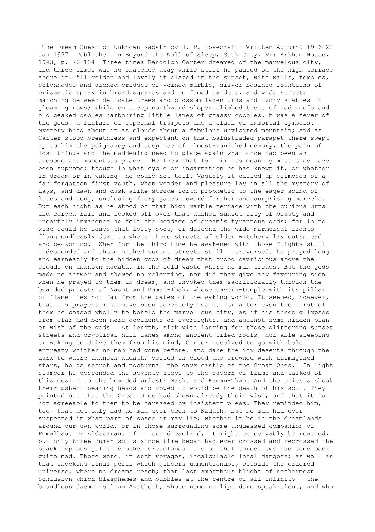 H P Lovecraft The Dream Quest Of Unknown Kadath by Unknown