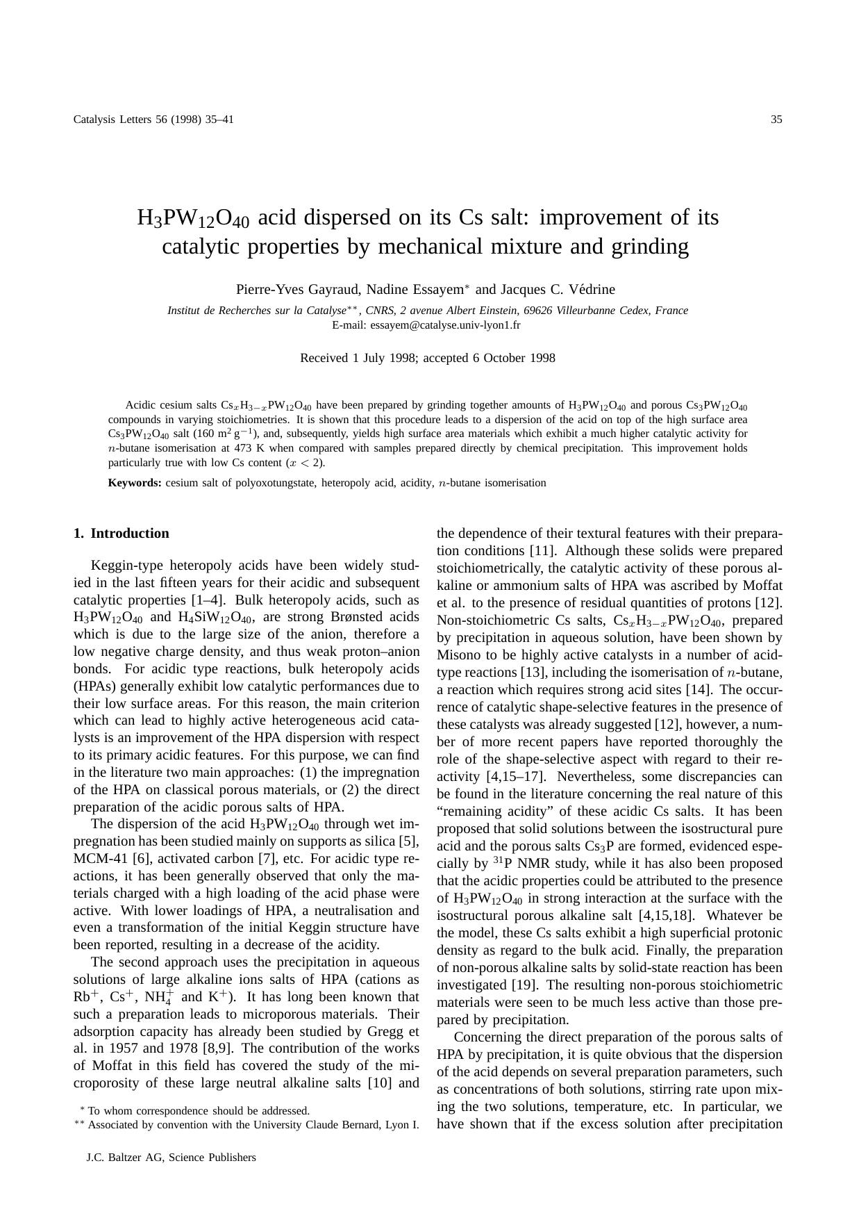 H<Subscript>3<Subscript>PW<Subscript>12<Subscript>O<Subscript>40<Subscript> acid dispersed on its Cs salt: improvement of its catalytic properties by mechanical mixture and grinding by Unknown