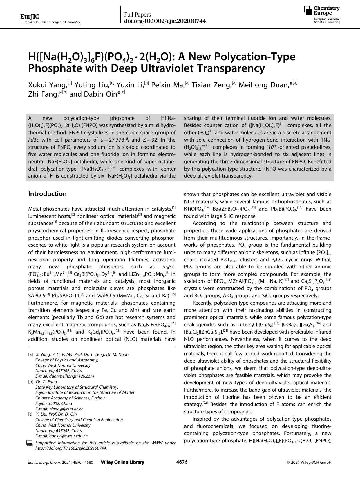 H{[Na(H2O)3]6F}(PO4)2âââ2(H2O): A New PolycationâType Phosphate with Deep Ultraviolet Transparency by Unknown
