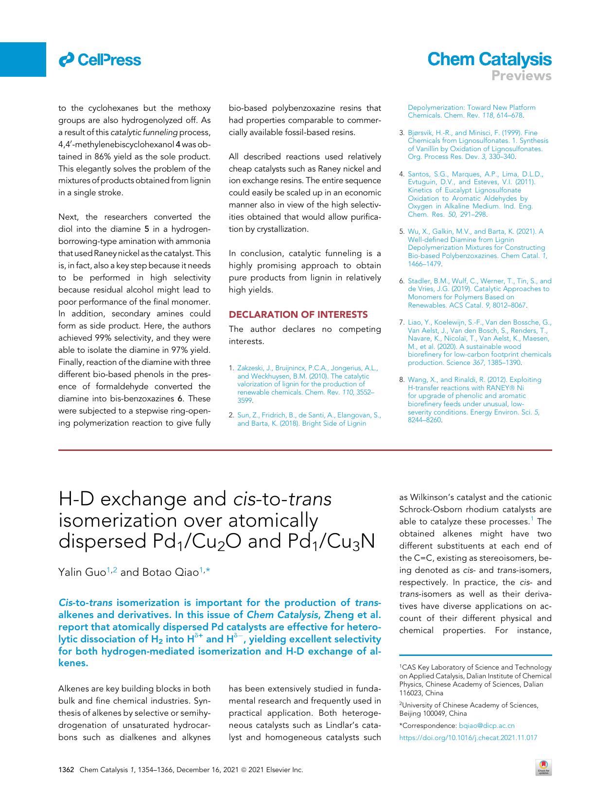 H-D exchange and cis-to-trans isomerization over atomically dispersed Pd1Cu2O and Pd1Cu3N by Yalin Guo & Botao Qiao