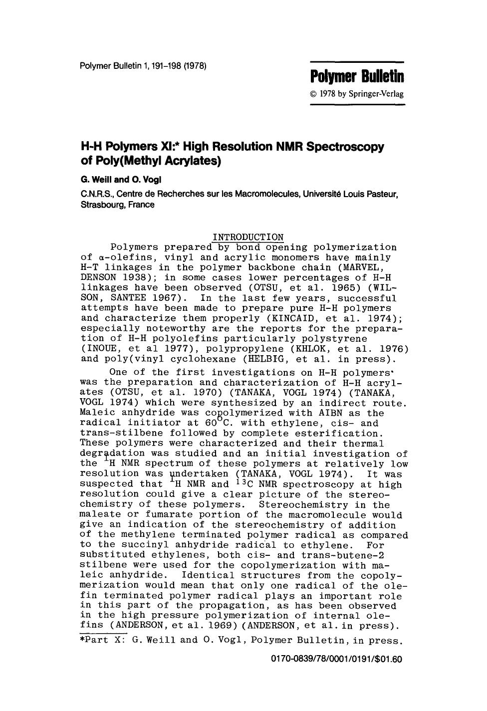 H-H polymers XI: high resolution nmr spectroscopy of poly(methyl acrylates) by Unknown