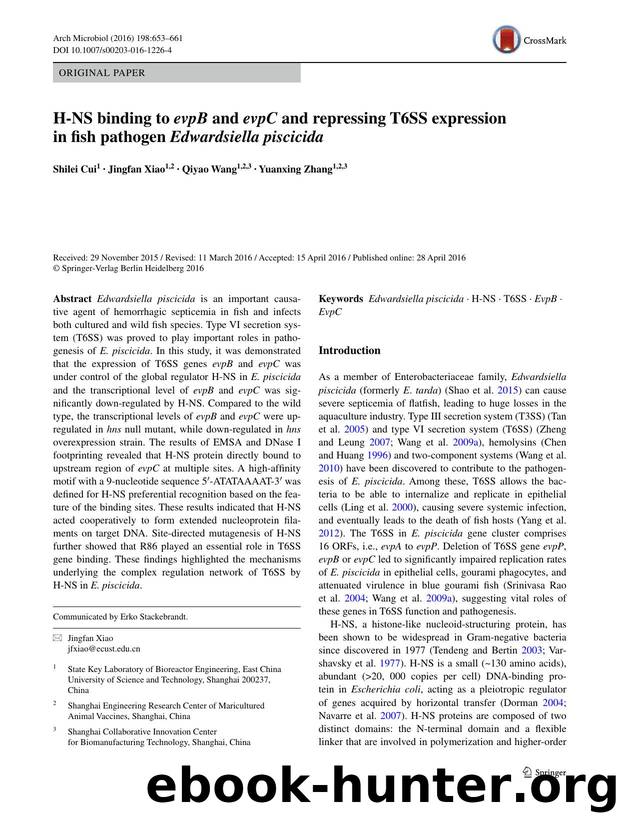 H-NS binding to evpB and evpC and repressing T6SS expression in fish pathogen Edwardsiella piscicida by Shilei Cui & Jingfan Xiao & Qiyao Wang & Yuanxing Zhang