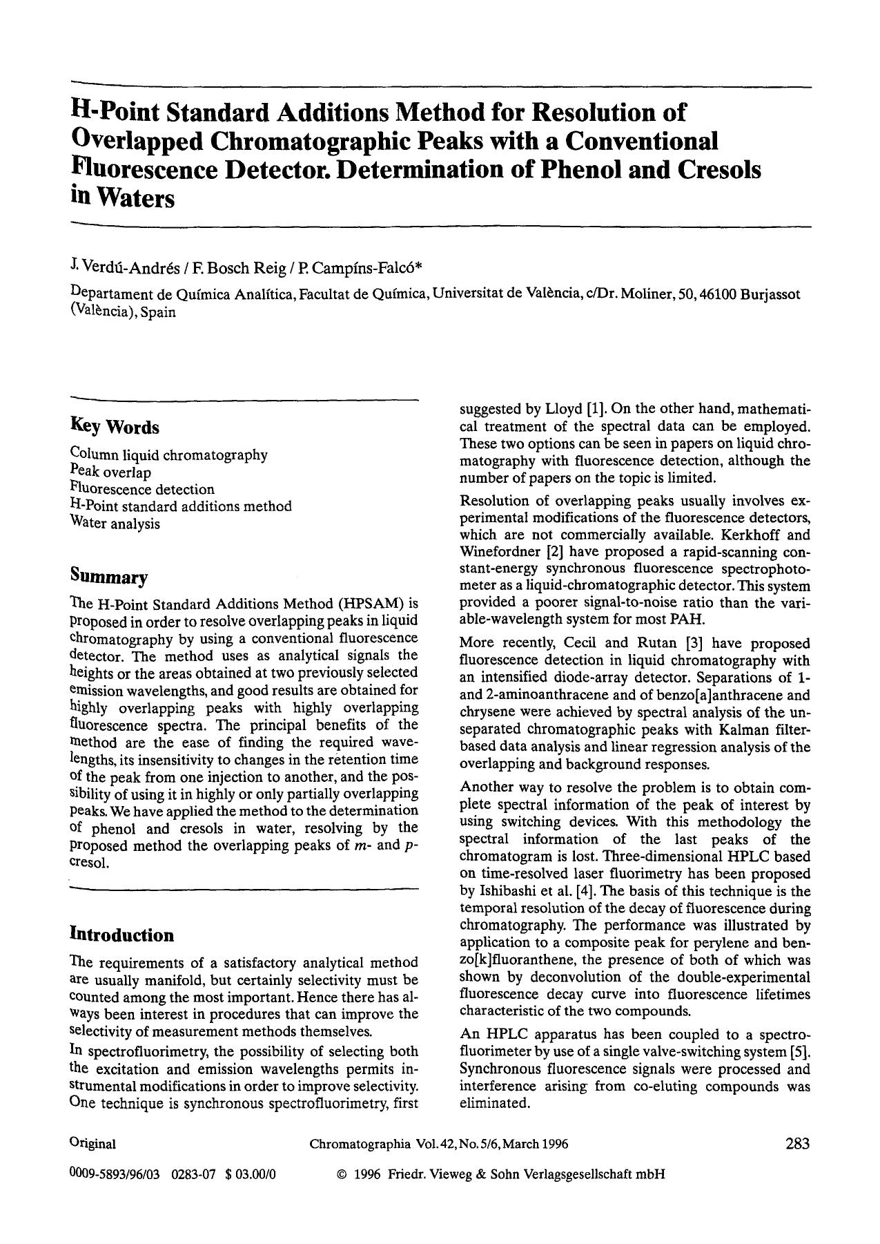H-point standard additions method for resolution of overlapped chromatographic peaks with a conventional fluorescence detector. Determination of phenol and cresols in waters by Unknown