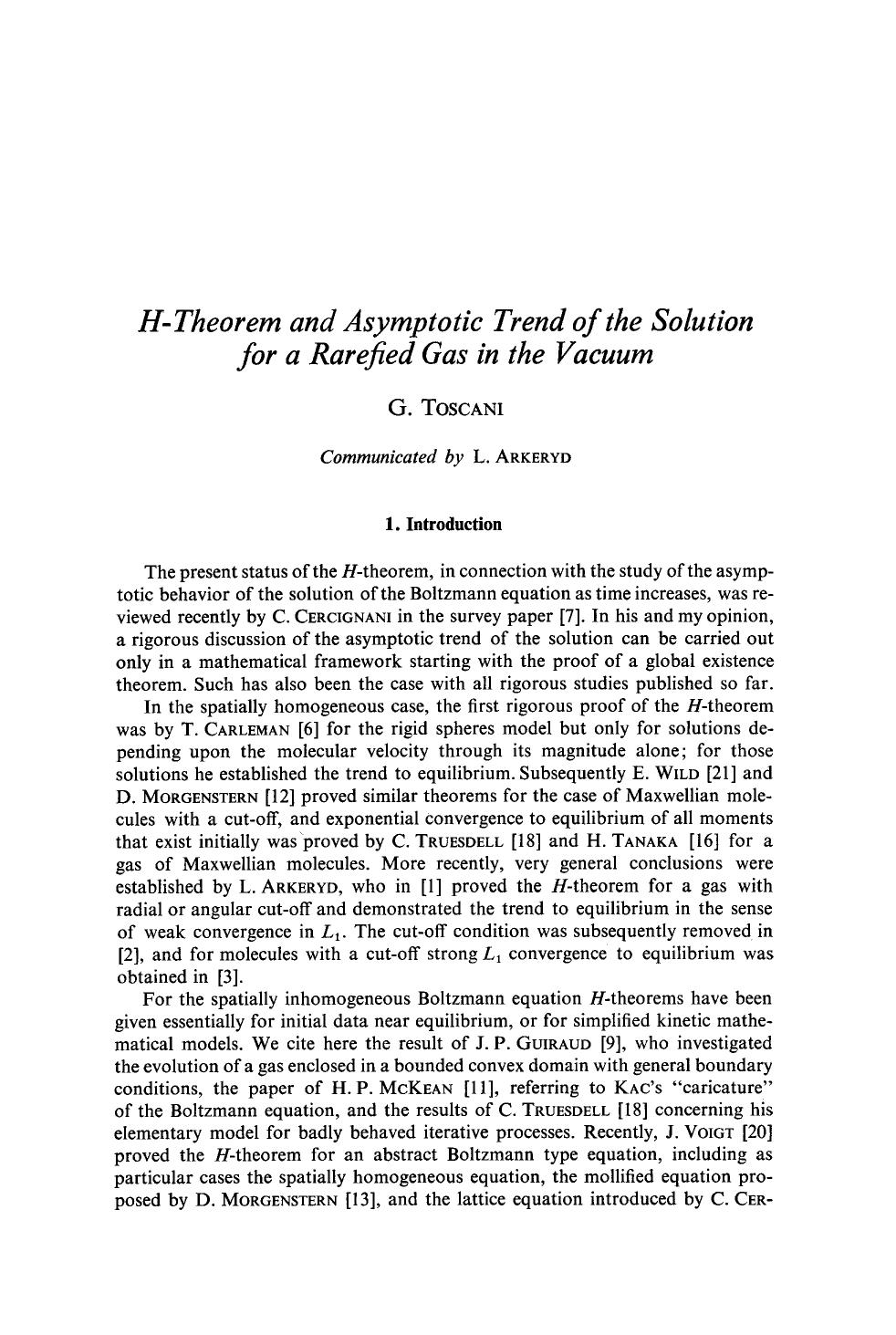 H-theorem and asymptotic trend of the solution for a rarefied gas in the vacuum by Unknown