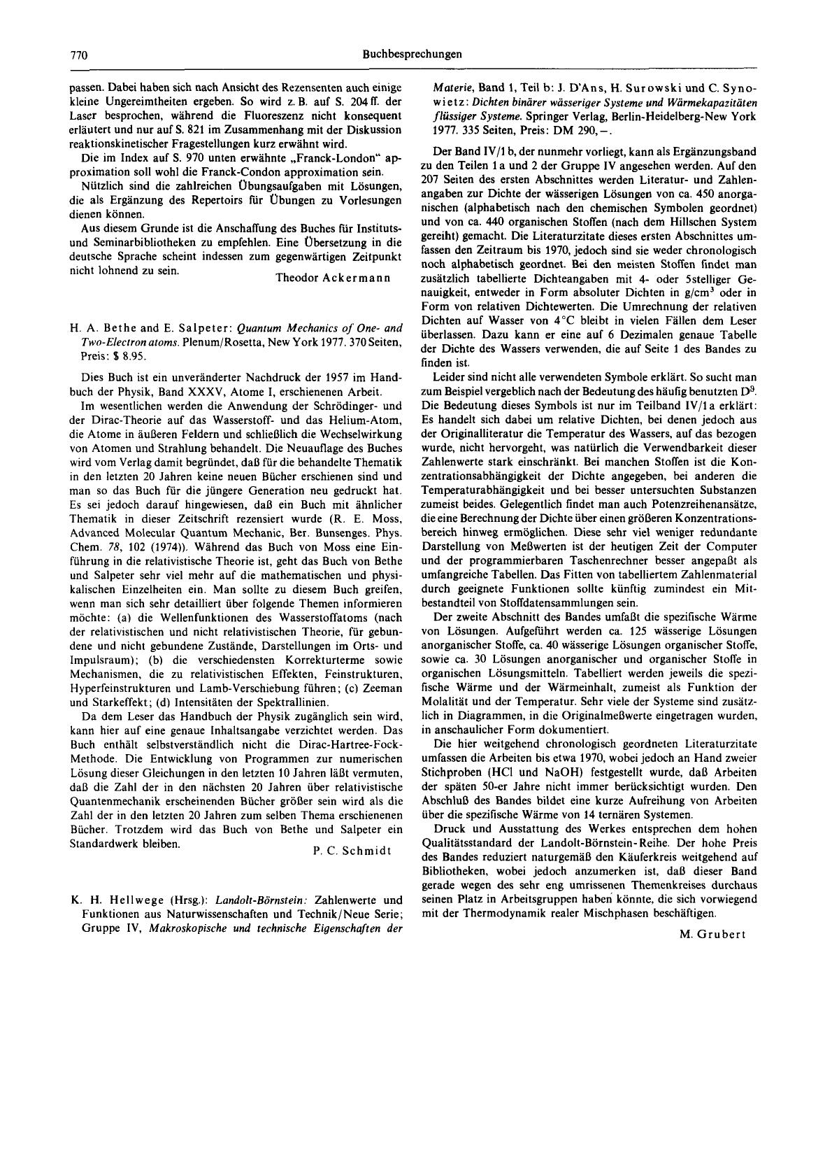 H. A. Bethe and E. Salpeter: Quantum Mechanics of One- and Two-Electron atoms. PlenumRosetta, New York 1977. 370 Seiten, Preis: [dollar] 8.95. by Unknown