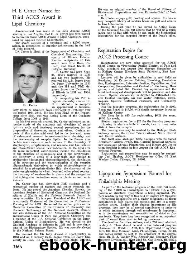 H. E. Carter named for third AOCS Award in Lipid Chemistry by Unknown