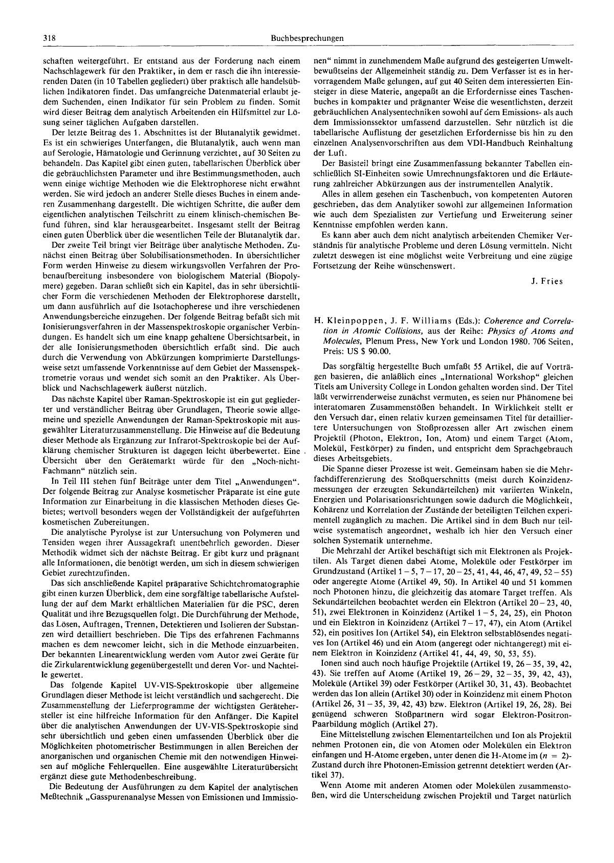 H. Kleinpoppen, J. F. Williams (Eds.): Coherence and Correlation in Atomic Collisions, aus der Reihe: Physics of Atoms and Molecules, Plenum Press, New York und London 1980. 706 Se by Unknown