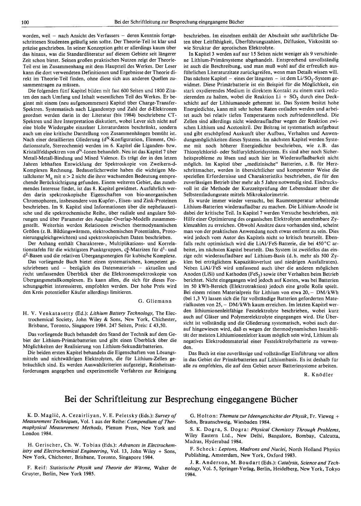 H. V. Venkatasetty (Ed.): Lithium Battery Technology, The Electrochemical Society, John Wiley & Sons, New York, Chichester, Brisbane, Toronto, Singapore 1984. 247 Seiten, Preis: £ 43,50. by Unknown