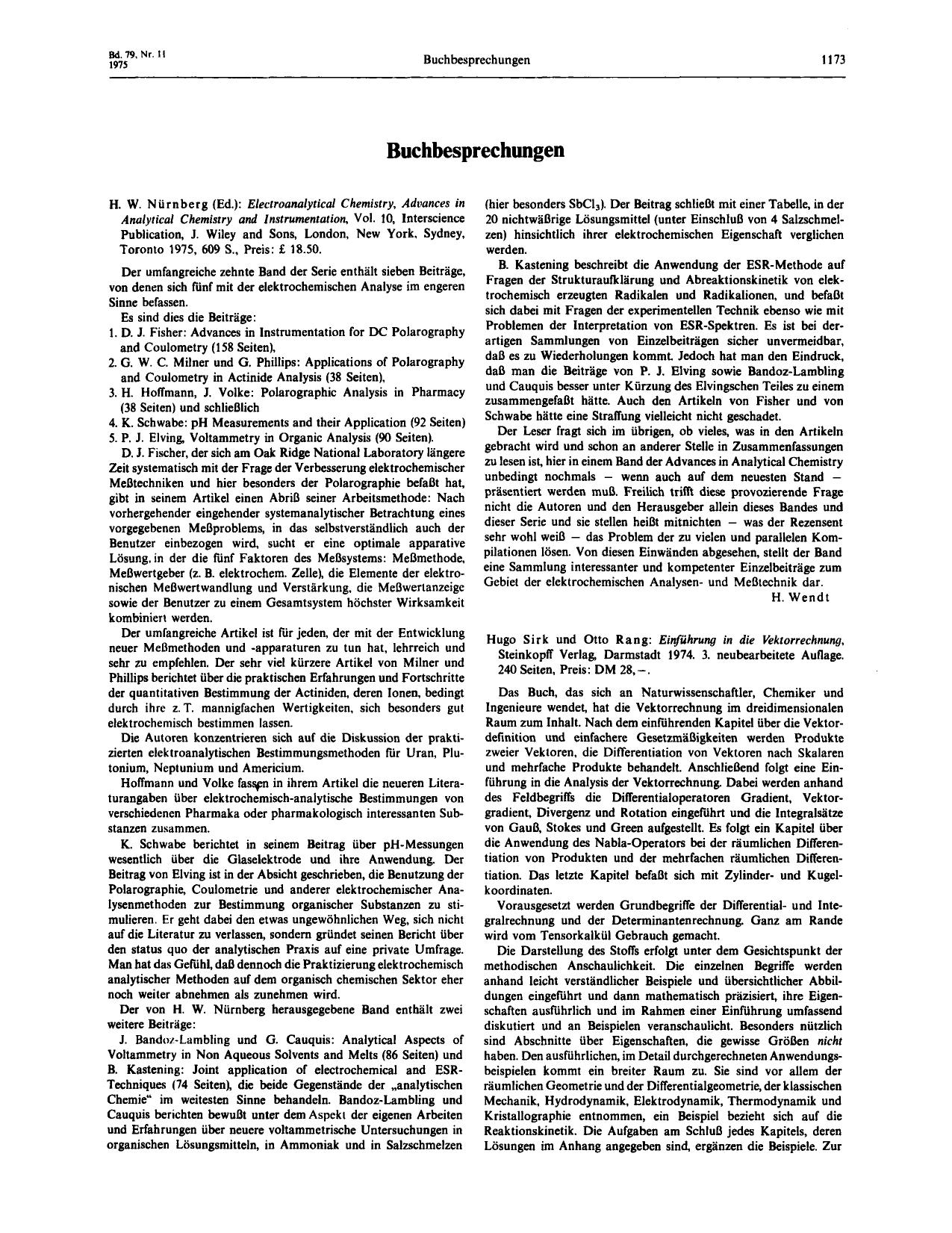 H. W. Nürnberg (Ed.): Electroanalytical Chemistry, Advances in Analytical Chemistry and Instrumentation, Vol. 10, Interscience Publication, J. Wiley and Sons, London, New York, Sy by Unknown