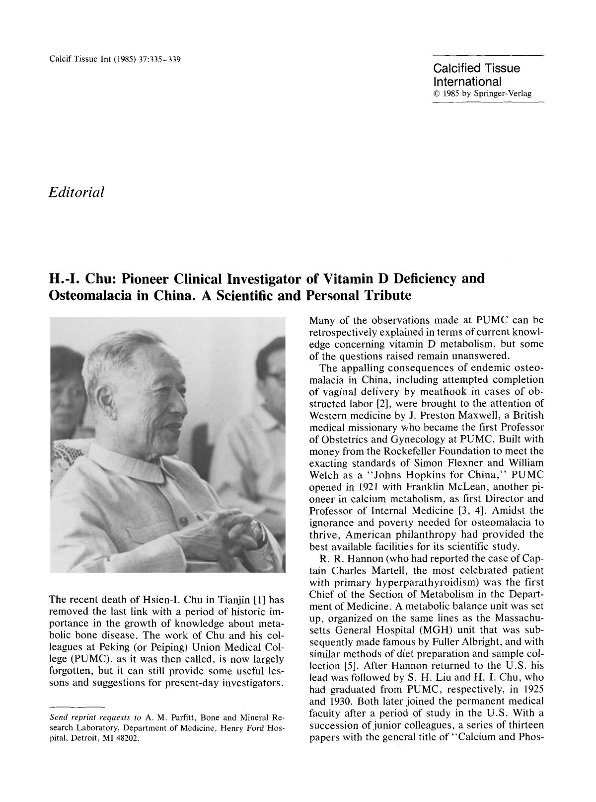 H.-I. Chu: Pioneer clinical investigator of vitamin D deficiency and osteomalacia in China. A scientific and personal tribute by Unknown