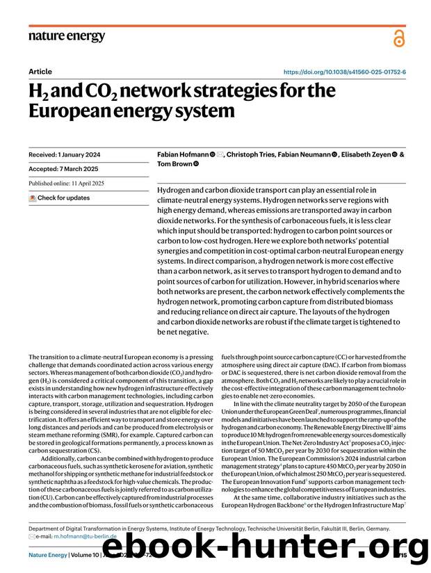 H2 and CO2 network strategies for the European energy system by Fabian Hofmann & Christoph Tries & Fabian Neumann & Elisabeth Zeyen & Tom Brown