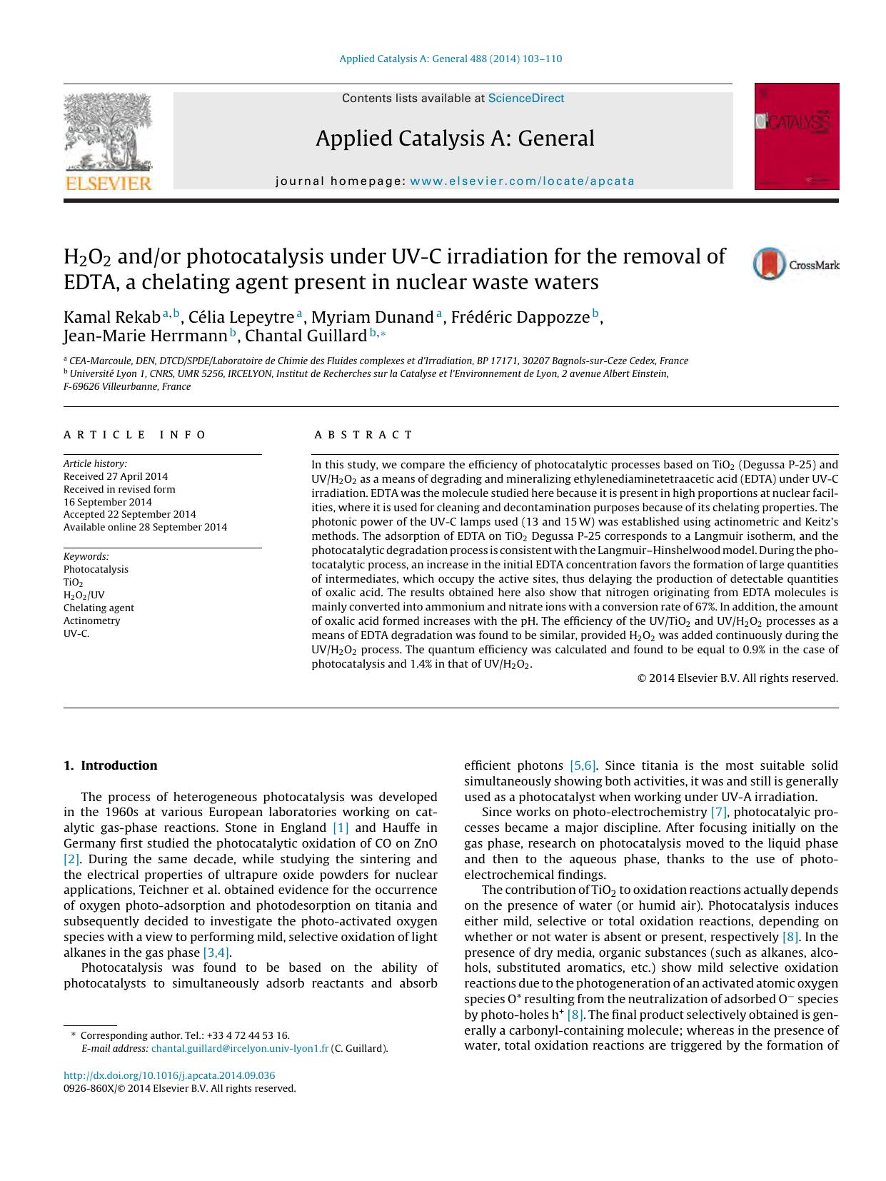 H2O2 andor photocatalysis under UV-C irradiation for the removal of EDTA, a chelating agent present in nuclear waste waters by unknow