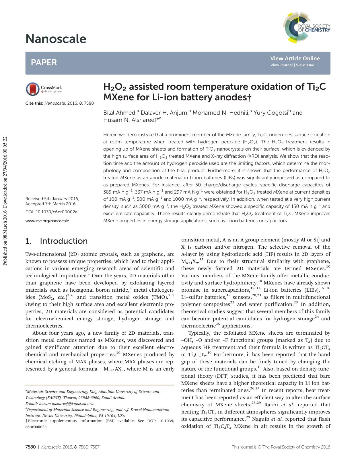 H2O2 assisted room temperature oxidation of Ti2C MXene for Li-ion battery anodes by Bilal Ahmed Dalaver H. Anjum Mohamed N. Hedhili Yury Gogotsi Husam N. Alshareef