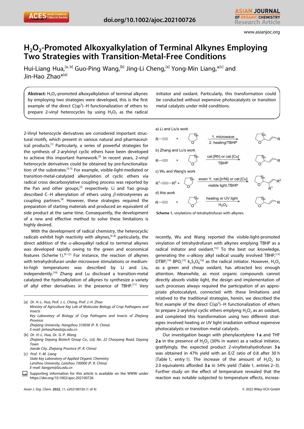 H2O2âPromoted Alkoxyalkylation of Terminal Alkynes Employing Two Strategies with TransitionâMetalâFree Conditions by Unknown