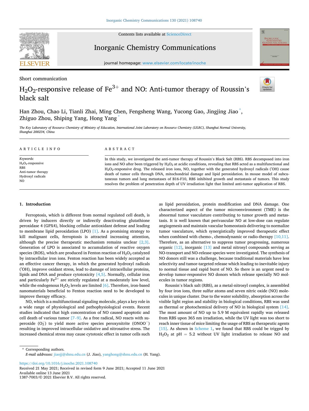 H2O2-responsive release of Fe3+ and NO: Anti-tumor therapy of Roussinâs black salt by Han Zhou