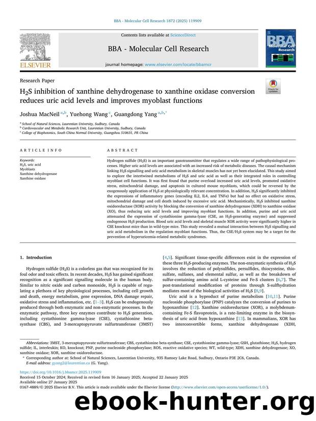 H2S inhibition of xanthine dehydrogenase to xanthine oxidase conversion reduces uric acid levels and improves myoblast functions by Joshua MacNeil & Yuehong Wang & Guangdong Yang