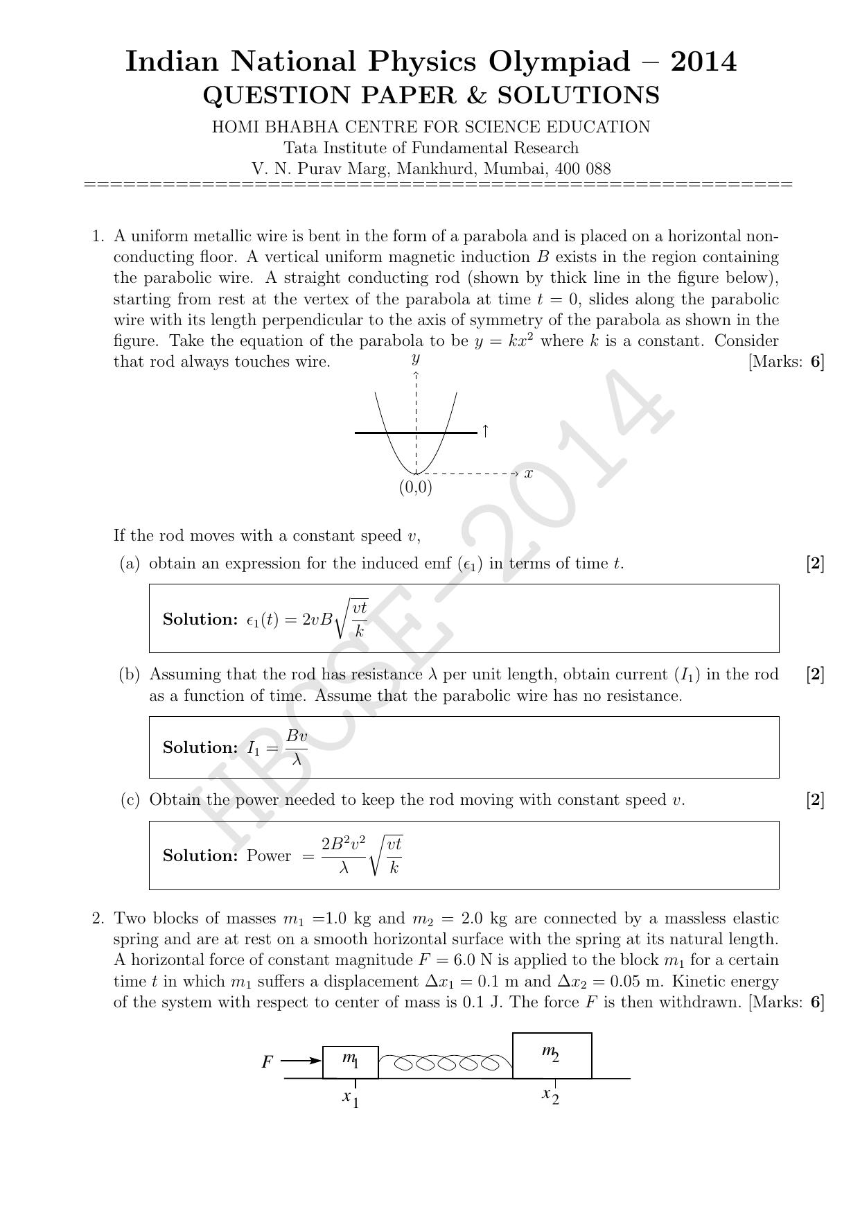 HBCSE Physics Team by INPhO 2014 Question & Solution from India Indian National Physics Olympiad (2014)