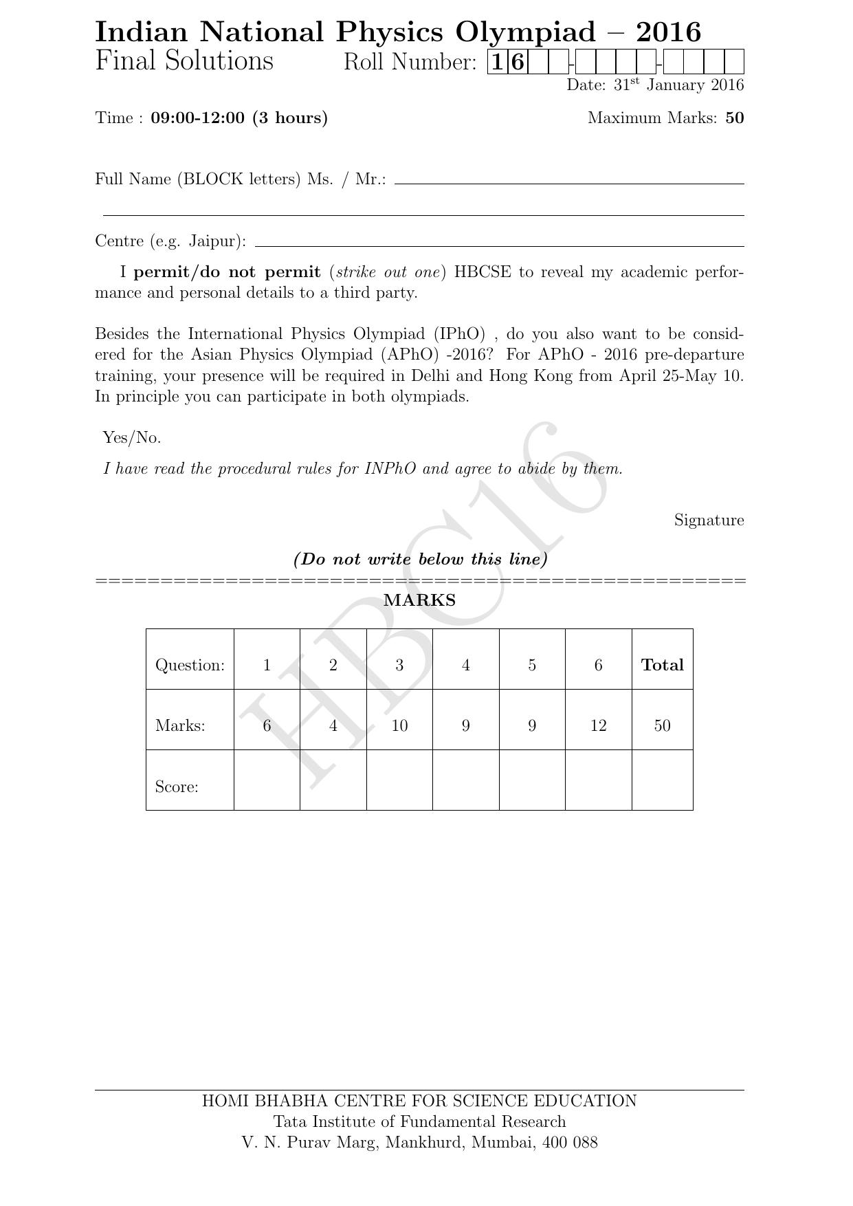 HBCSE Physics Team by INPhO 2016 Question & Solution from India Indian National Physics Olympiad (2016)