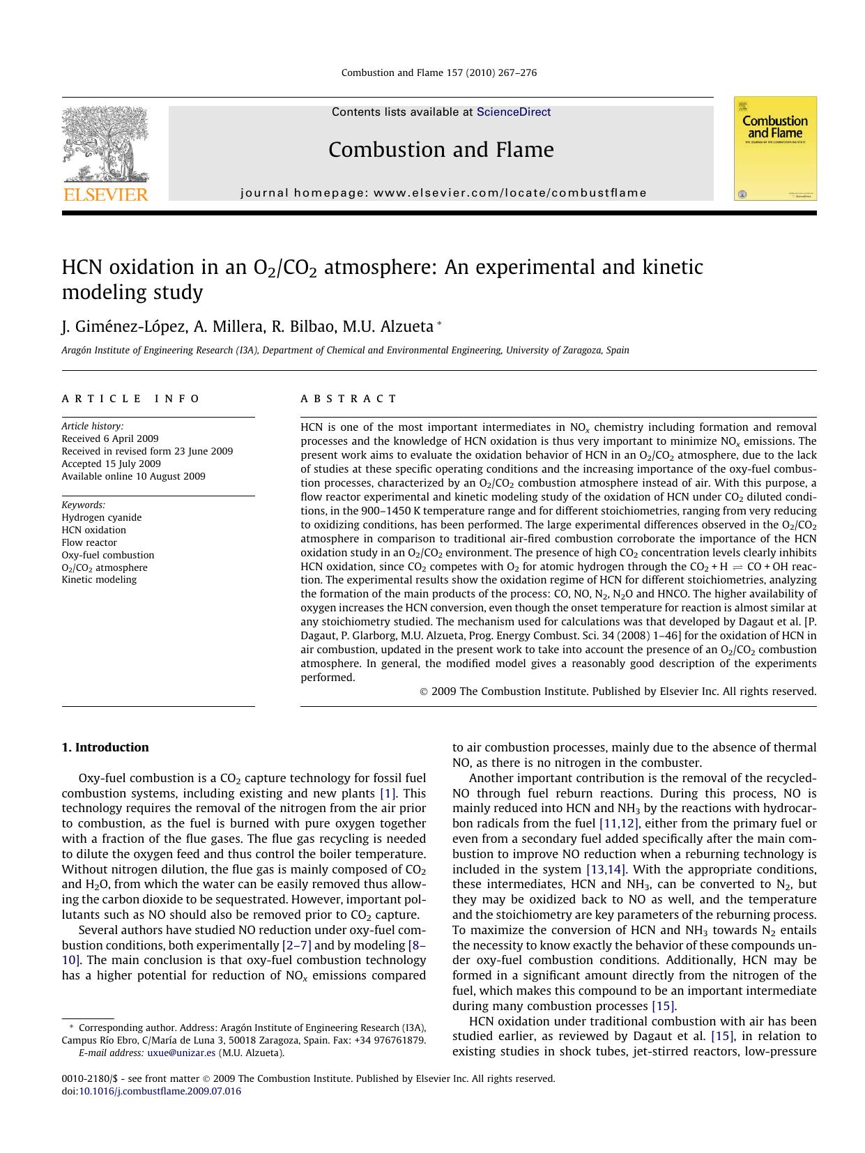 HCN oxidation in an O2CO2 atmosphere: An experimental and kinetic modeling study by J. Giménez-López; A. Millera; R. Bilbao; M.U. Alzueta