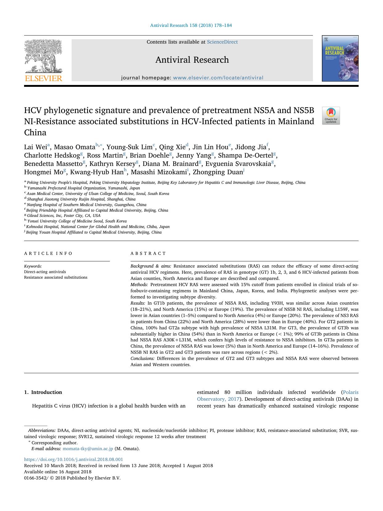 HCV phylogenetic signature and prevalence of pretreatment NS5A and NS5B NI-Resistance associated substitutions in HCV-Infected patients in Mainland China by unknow