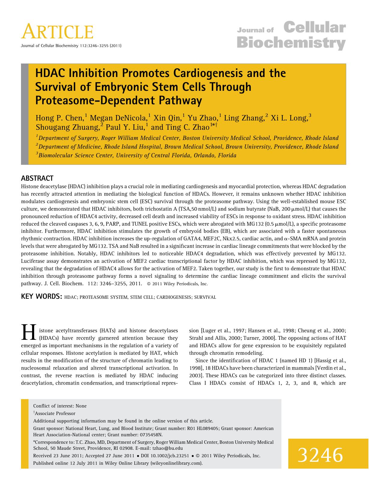 HDAC inhibition promotes cardiogenesis and the survival of embryonic stem cells through proteasomedependent pathway by Unknown