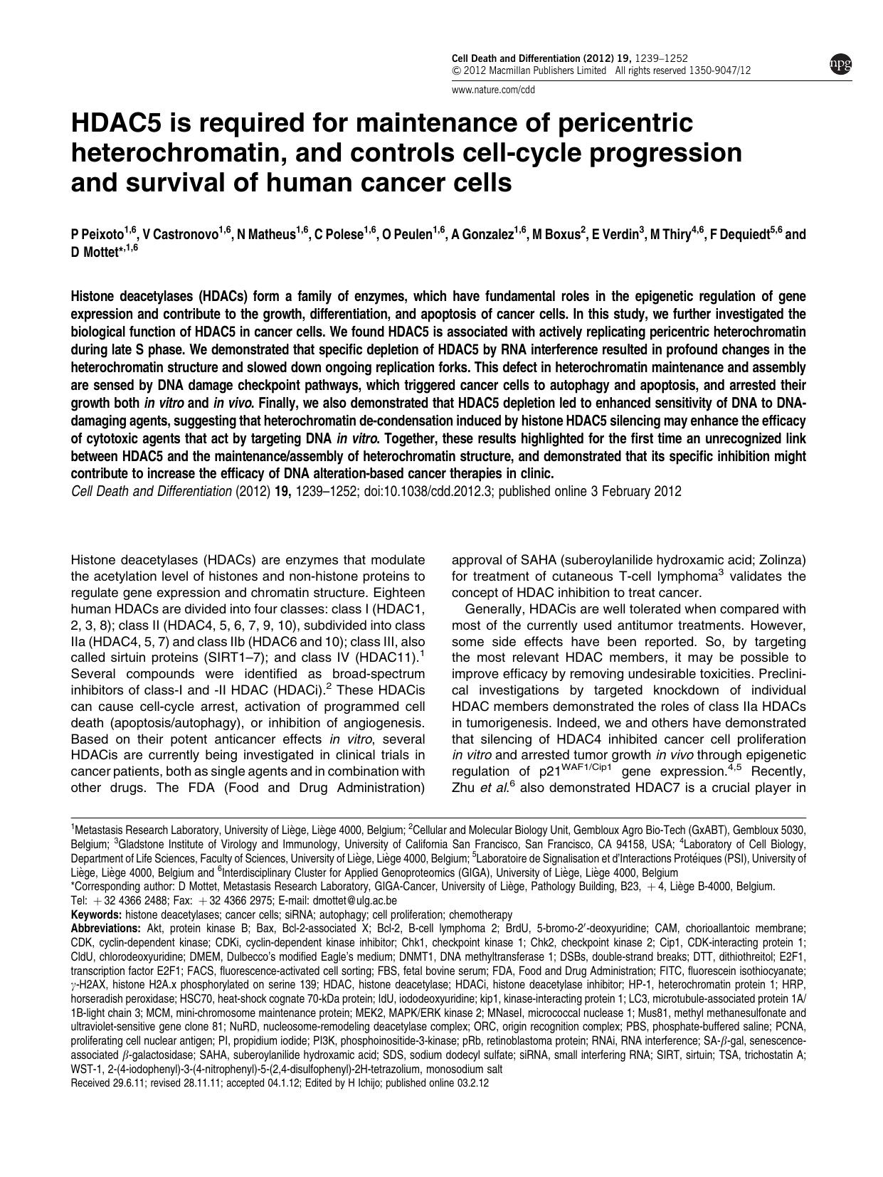 HDAC5 is required for maintenance of pericentric heterochromatin, and controls cell-cycle progression and survival of human cancer cells by unknow