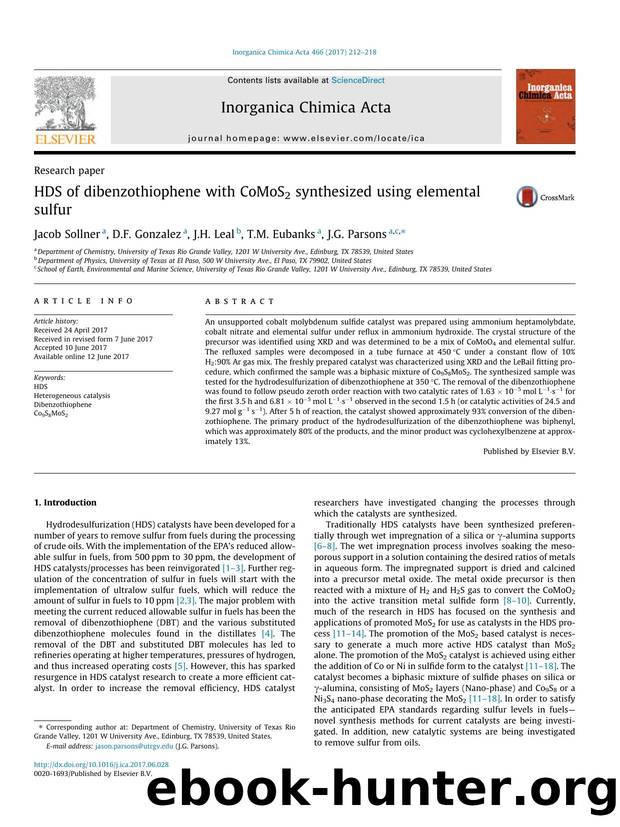 HDS of dibenzothiophene with CoMoS2 synthesized using elemental sulfur by Jacob Sollner & D.F. Gonzalez & J.H. Leal & T.M. Eubanks & J.G. Parsons
