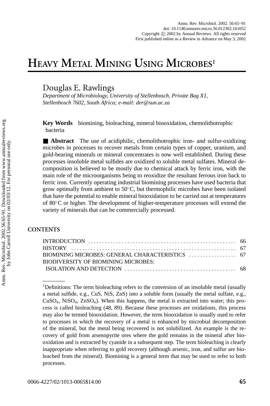 HEAVY METAL MINING USING MICROBES1 by Douglas E. Rawlings