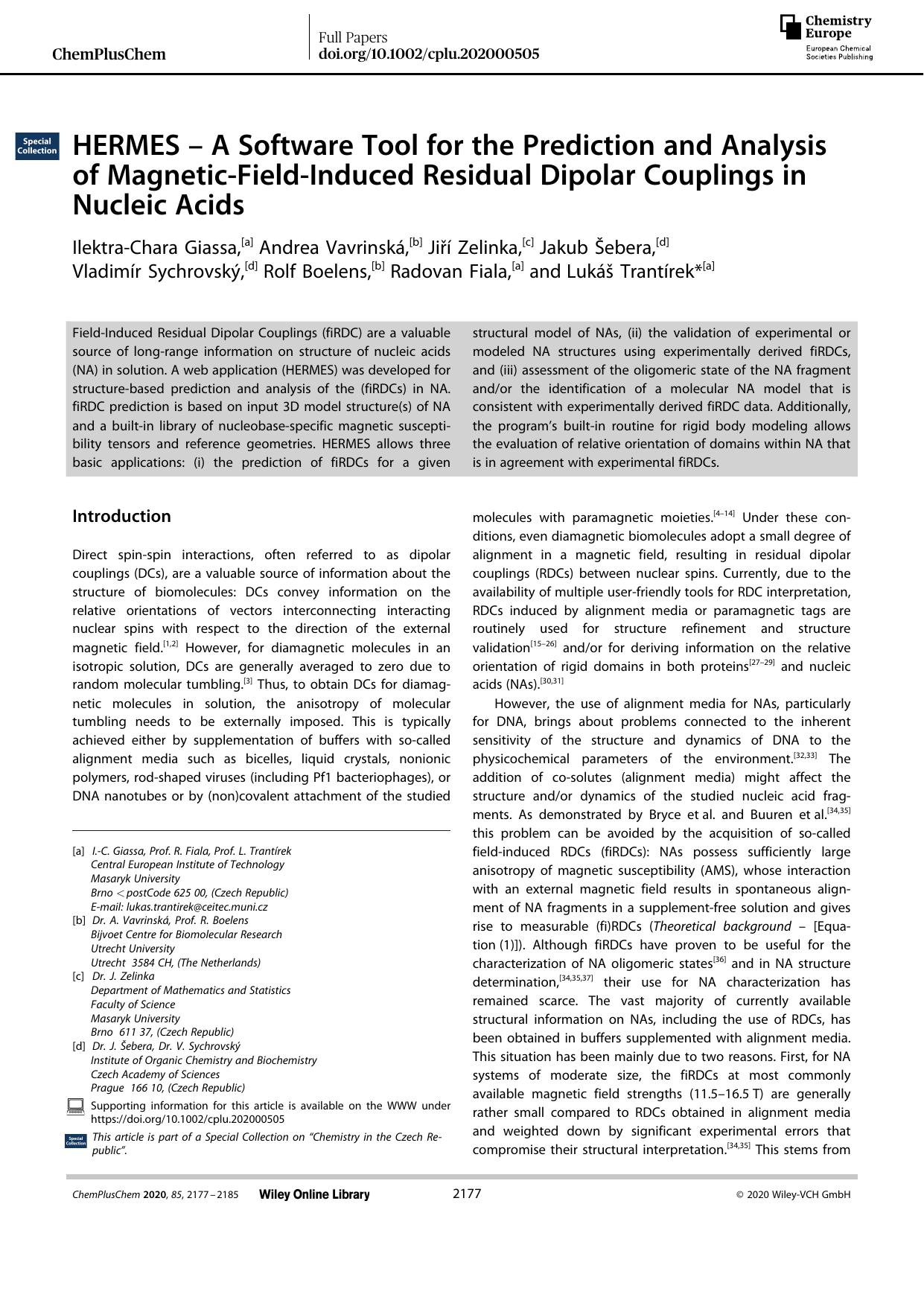 HERMES â A Software Tool for the Prediction and Analysis of MagneticâFieldâInduced Residual Dipolar Couplings in Nucleic Acids by Unknown