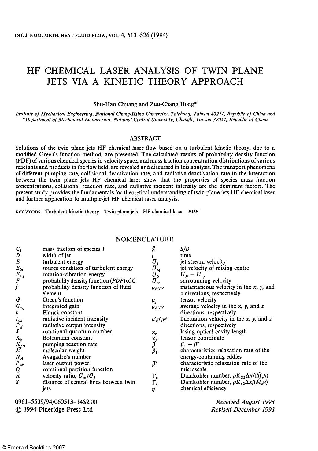 HF Chemical Laser Analysis of Twin Plane Jets Via a Kinetic Theory Approach by Shu-Hao Chuang & Zuu-Chang Hong