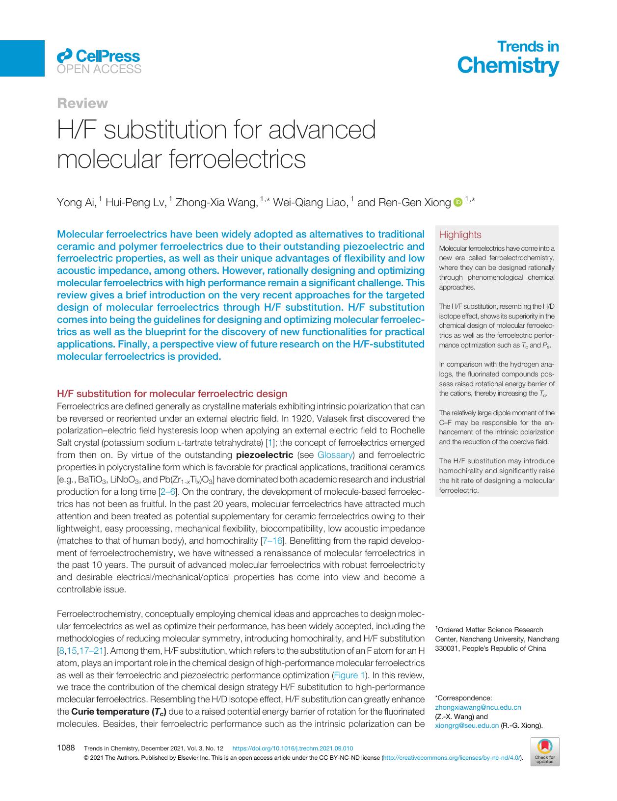 HF substitution for advanced molecular ferroelectrics by Yong Ai & Hui-Peng Lv & Zhong-Xia Wang & Wei-Qiang Liao & Ren-Gen Xiong