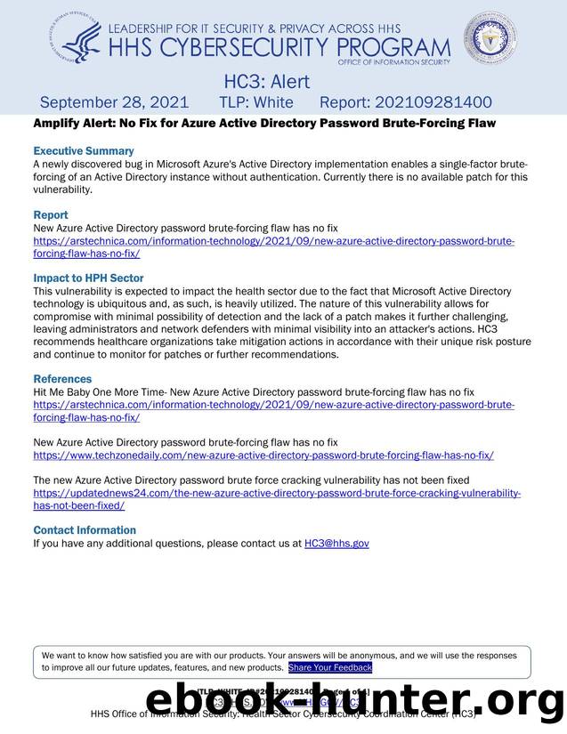 HHS OCIO HC3 Amplify Alert: No Fix for Azure Active Directory Password Brute-Forcing Flaw by HC3