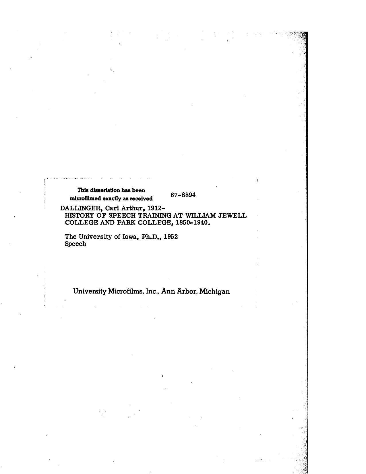 HISTORY OF SPEECH TRAINING AT WILLIAM JEWELL COLLEGE AND PARK COLLEGE, 1850-1940 by DALLINGER CARL ARTHUR