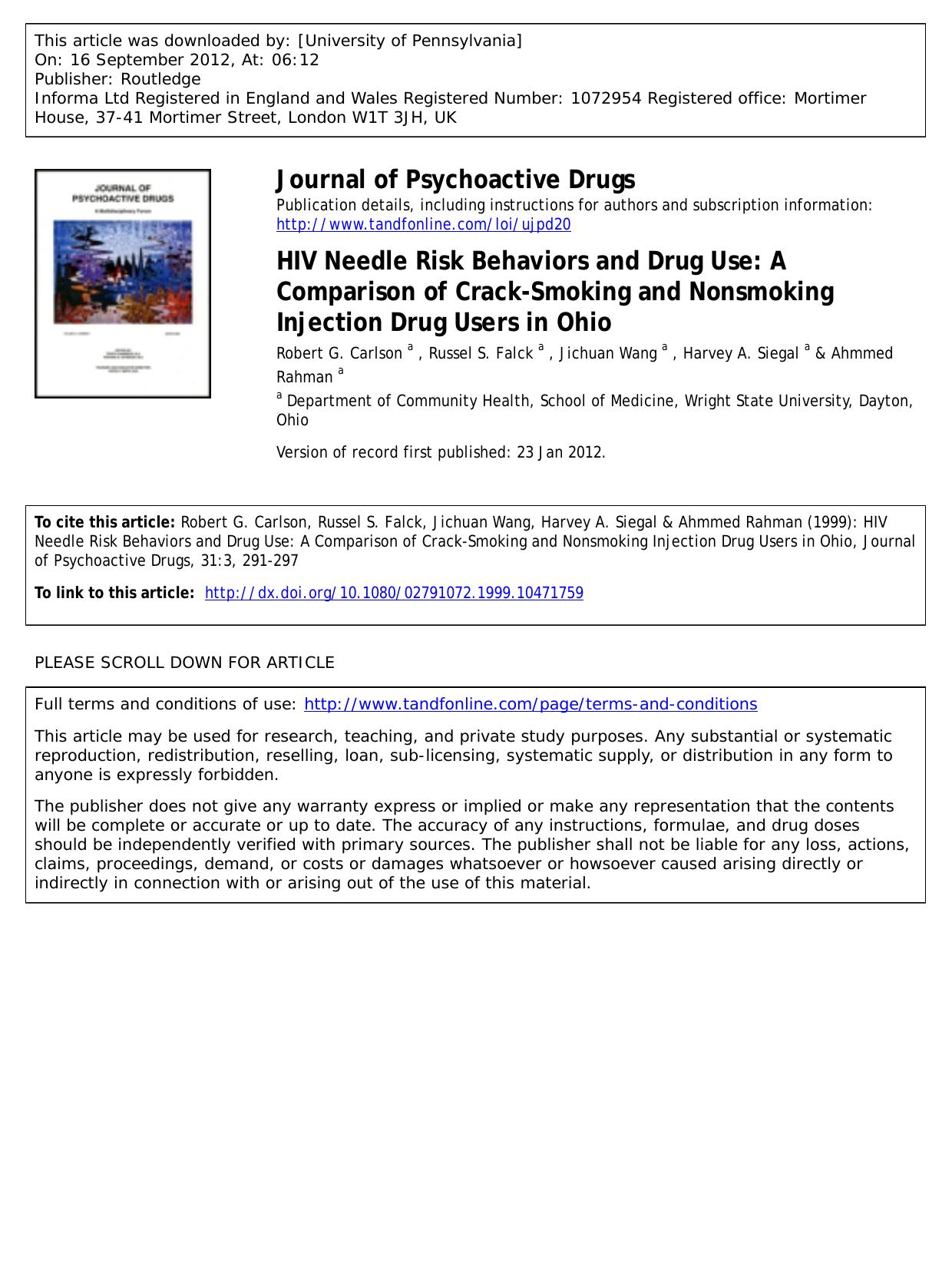 HIV Needle Risk Behaviors and Drug Use: A Comparison of Crack-Smoking and Nonsmoking Injection Drug Users in Ohio by unknow